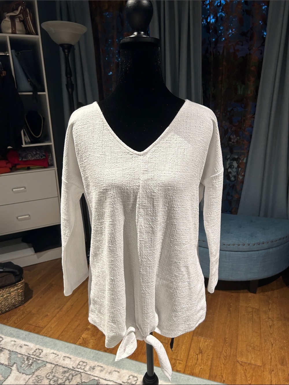 Talbots White V-Neck Textured Tie-Hem Tunic